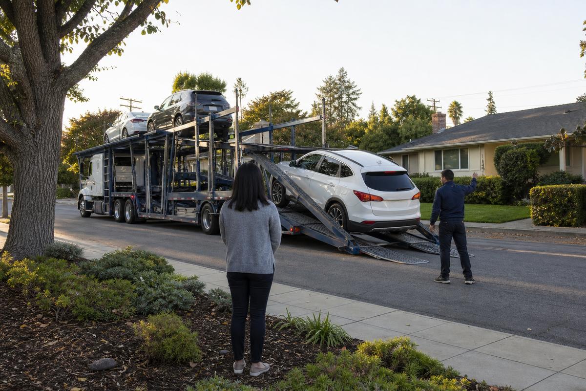 Car delivery in Sunnyvale An SUV being driven down the ramps off an open carrier at delivery