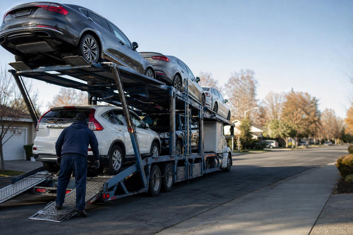 Car shipping in Sunnyvale An open auto carrier unloading on a residential street