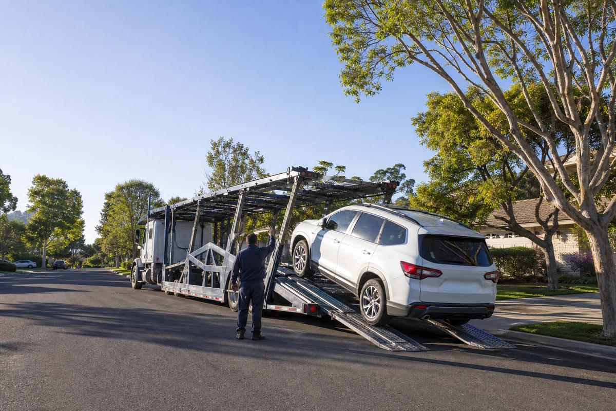 Car pickup in Sunnyvale An SUV being driven up the ramps onto an open carrier at the curb
