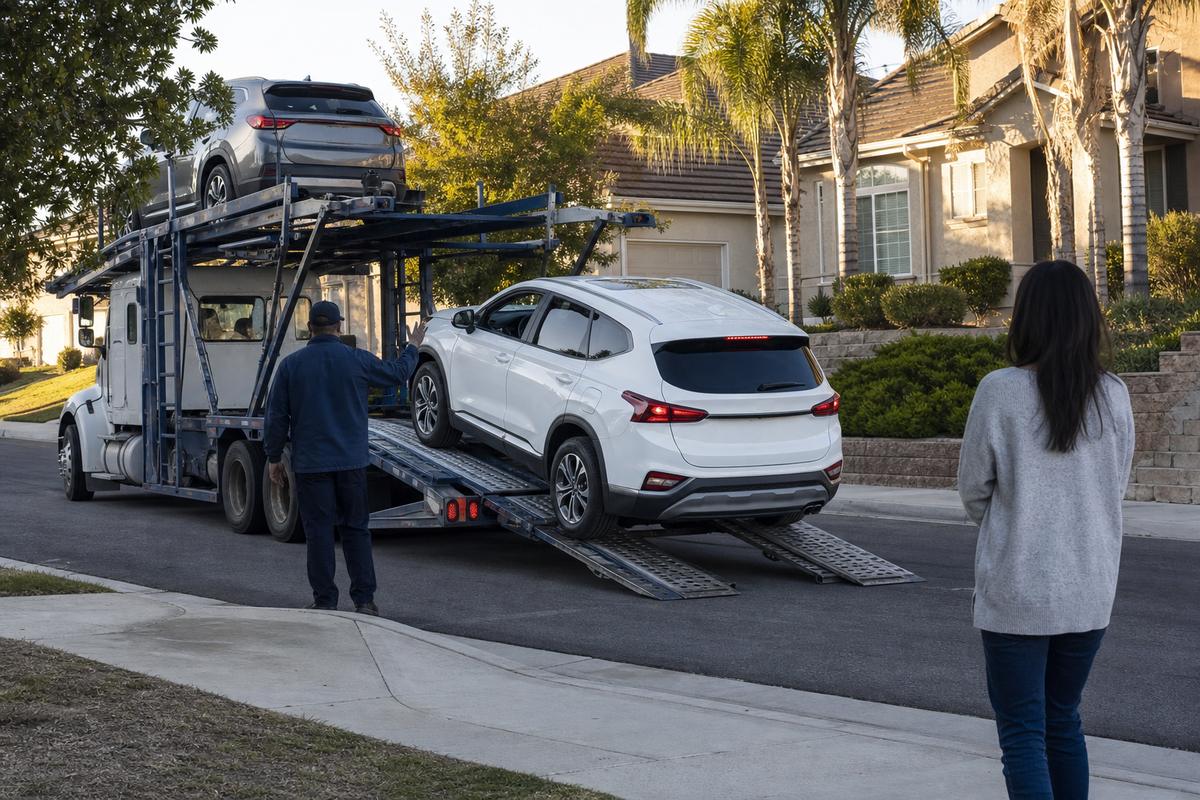 Car delivery in Temecula An SUV being driven down the ramps off an open carrier at delivery