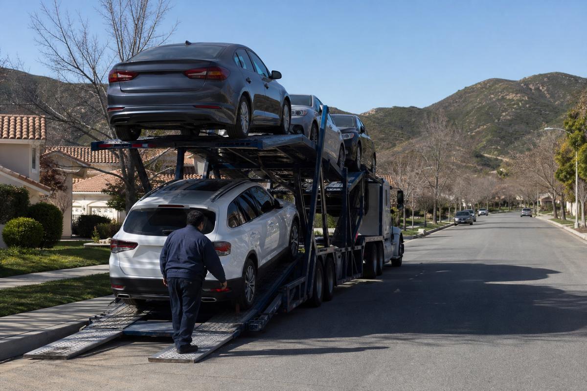 Car shipping in Temecula An open auto carrier unloading on a residential street
