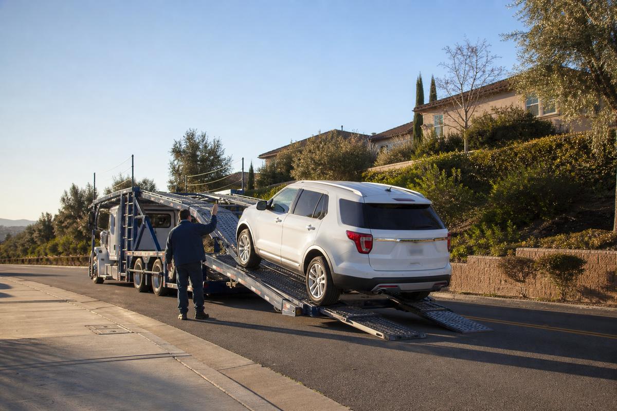 Car pickup in Temecula An SUV being driven up the ramps onto an open carrier at the curb