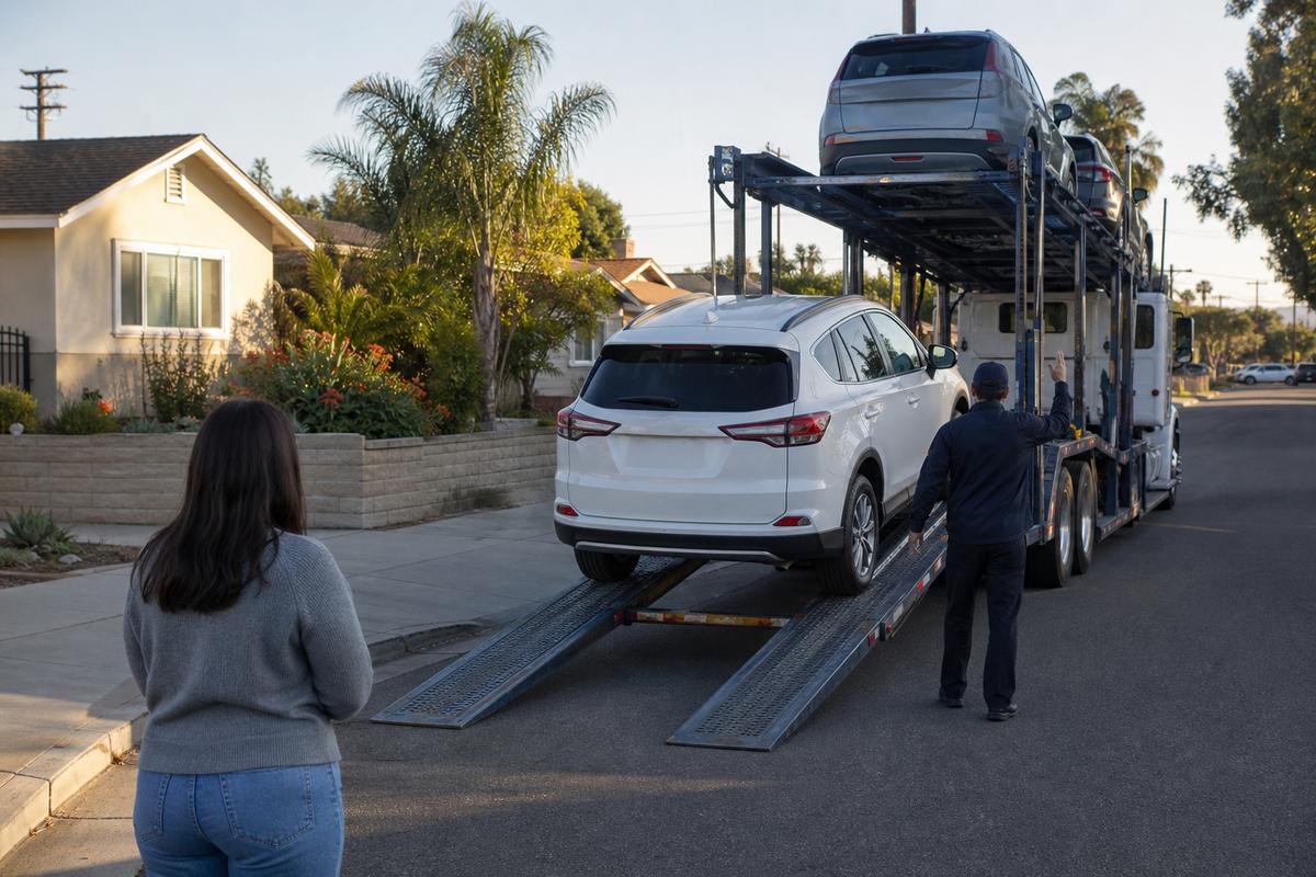 Car delivery in Torrance An SUV being driven down the ramps off an open carrier at delivery