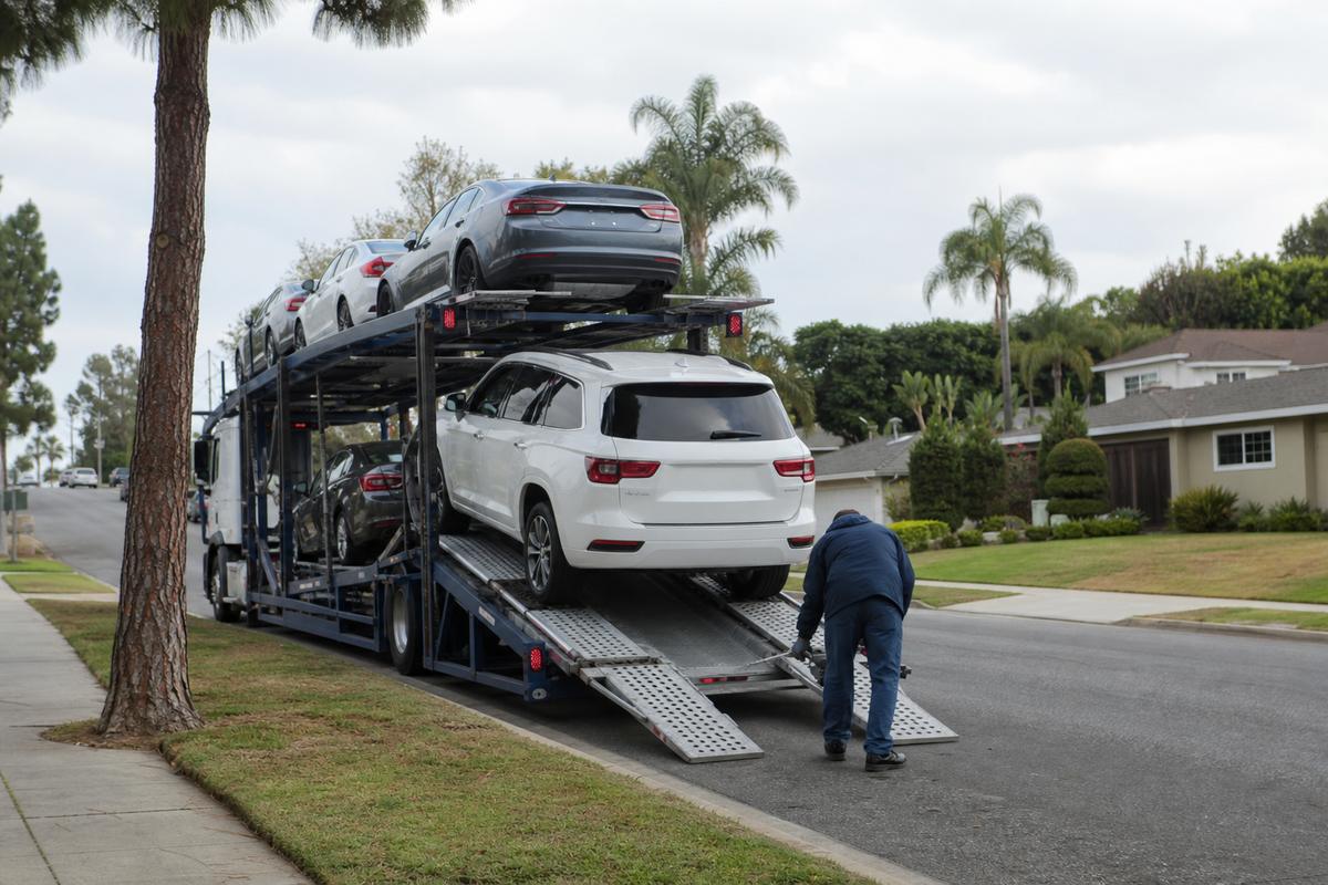 Car shipping in Torrance An open auto carrier unloading on a residential street