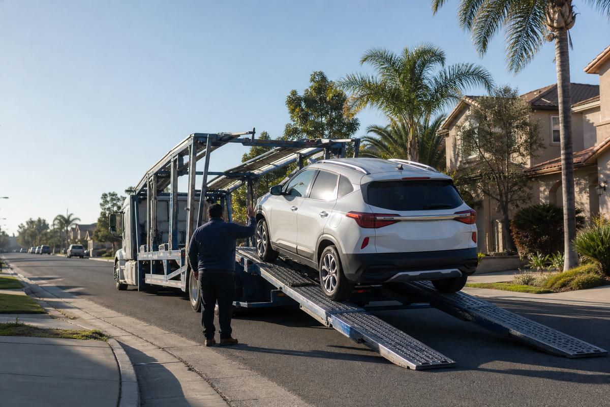 Car pickup in Torrance An SUV being driven up the ramps onto an open carrier at the curb