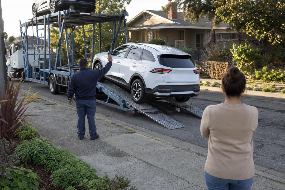 Car delivery in Vallejo An SUV being driven down the ramps off an open carrier at delivery