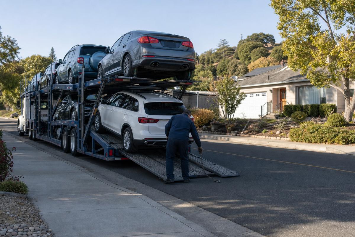 Car shipping in Vallejo An open auto carrier unloading on a residential street