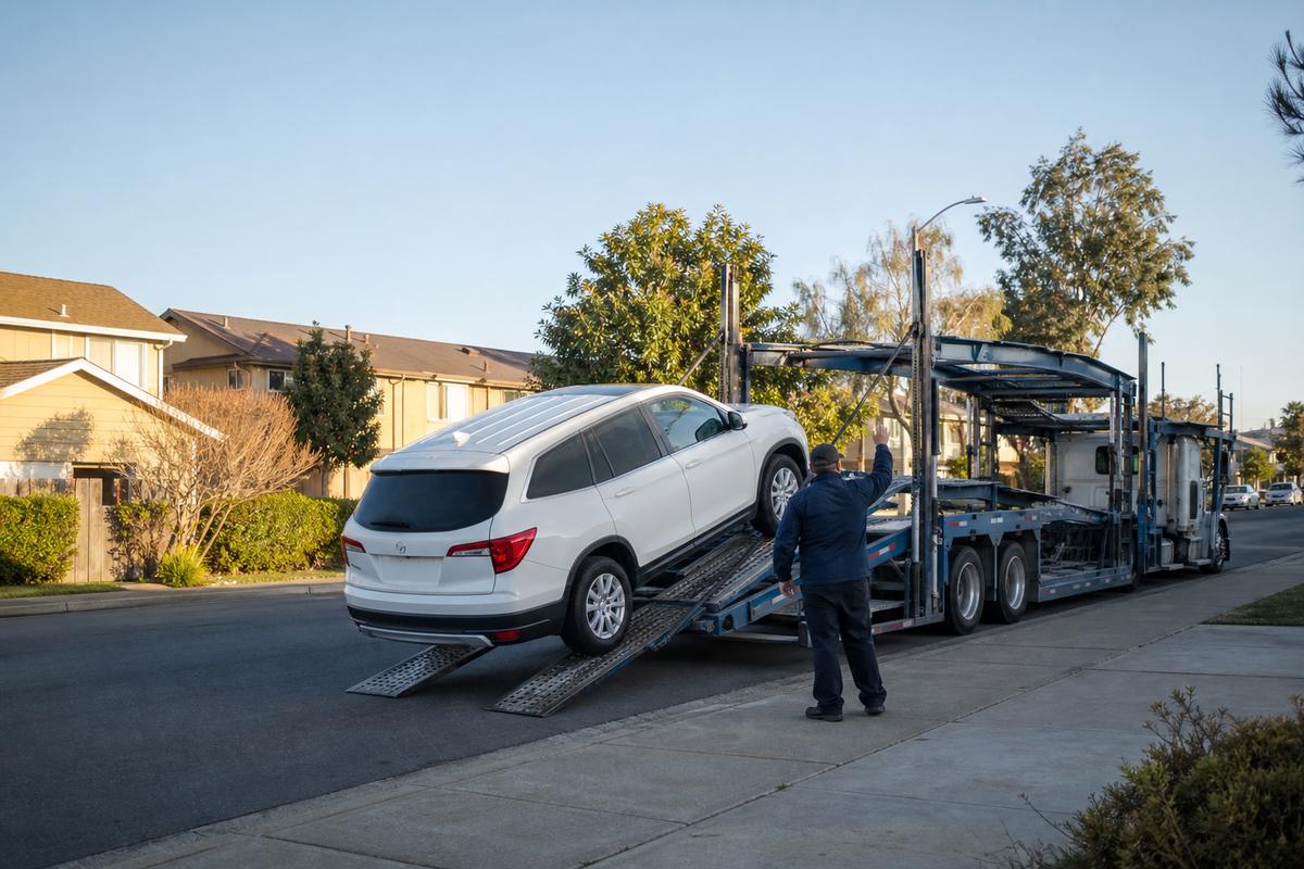 Car pickup in Vallejo An SUV being driven up the ramps onto an open carrier at the curb