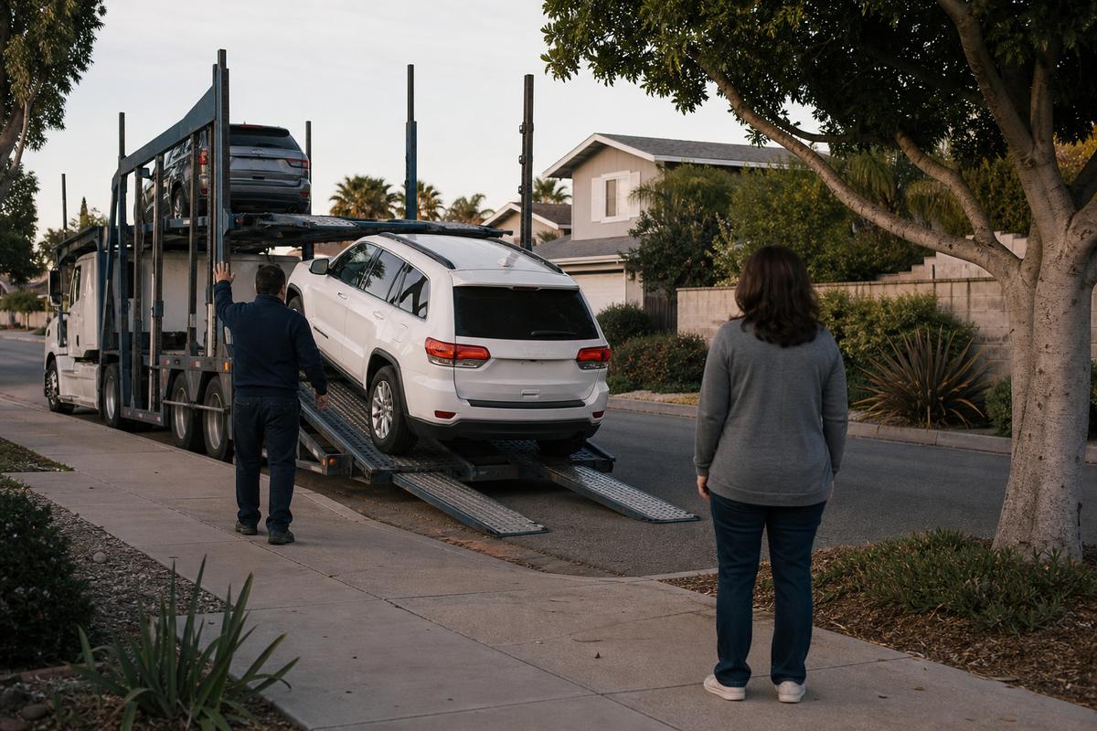 Car delivery in Ventura An SUV being driven down the ramps off an open carrier at delivery
