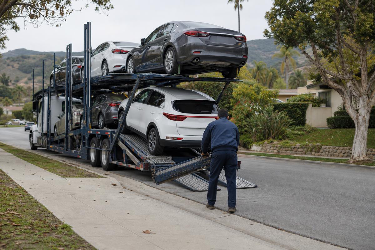 Car shipping in Ventura An open auto carrier unloading on a residential street