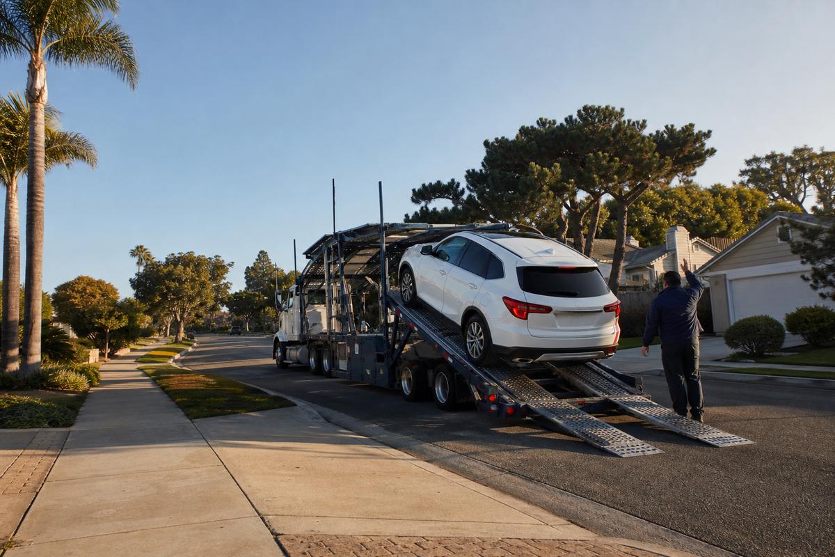 Car pickup in Ventura An SUV being driven up the ramps onto an open carrier at the curb