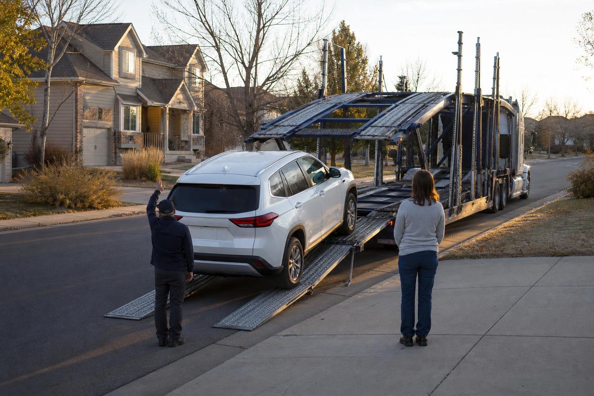 An SUV being driven down the ramps off an open carrier at delivery