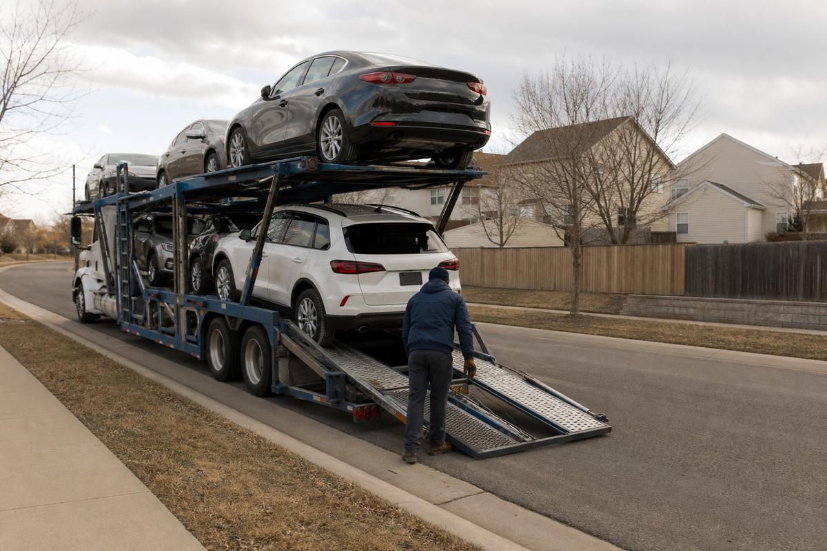 An open auto carrier unloading on a residential street