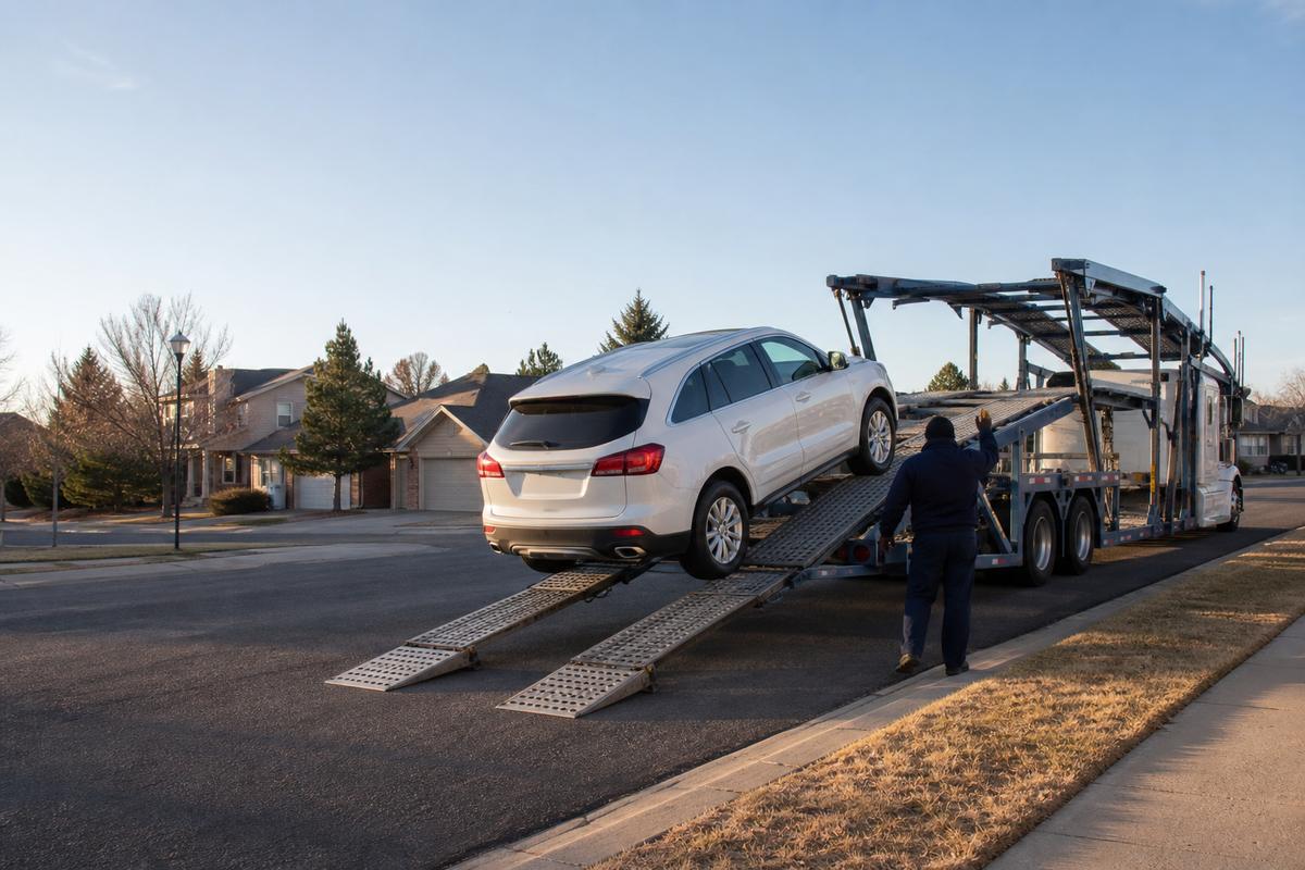 An SUV being driven up the ramps onto an open carrier at the curb