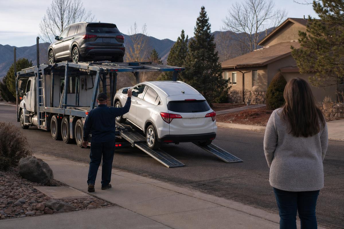 Car delivery in Colorado Springs An SUV being driven down the ramps off an open carrier at delivery