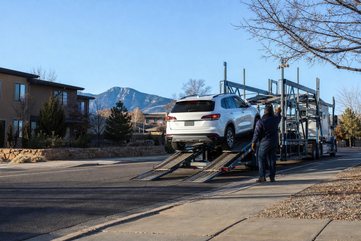 Car pickup in Colorado Springs An SUV being driven up the ramps onto an open carrier at the curb