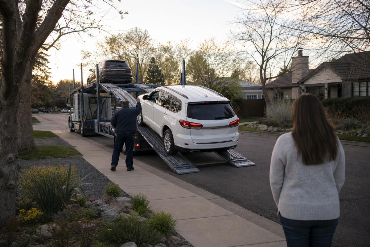 Car delivery in Denver An SUV being driven down the ramps off an open carrier at delivery