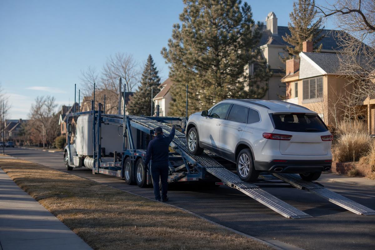 Car pickup in Denver An SUV being driven up the ramps onto an open carrier at the curb