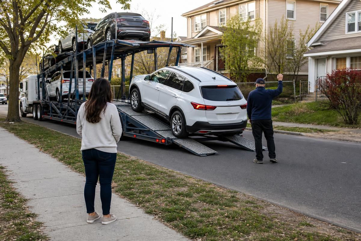 Car delivery in Bridgeport An SUV being driven down the ramps off an open carrier at delivery