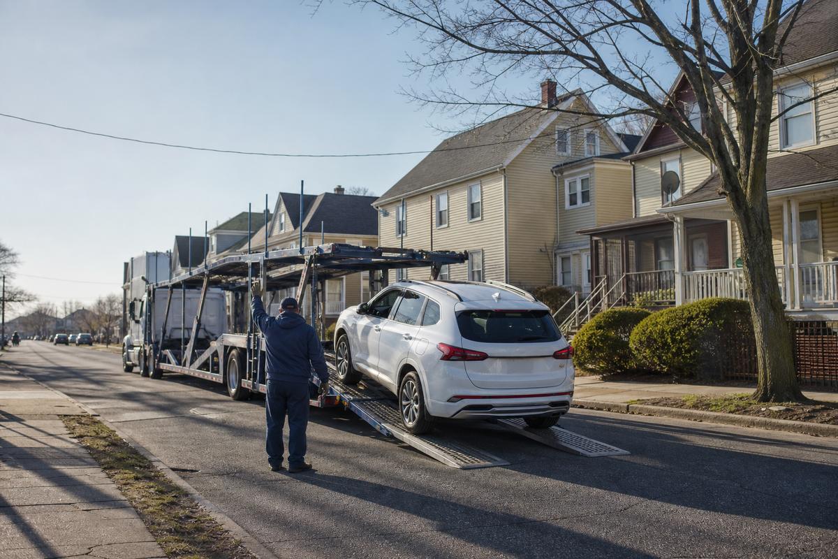 Car pickup in Bridgeport An SUV being driven up the ramps onto an open carrier at the curb