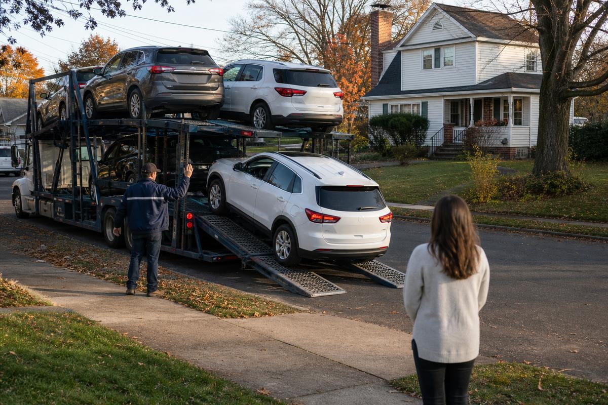 Car delivery in Hartford An SUV being driven down the ramps off an open carrier at delivery