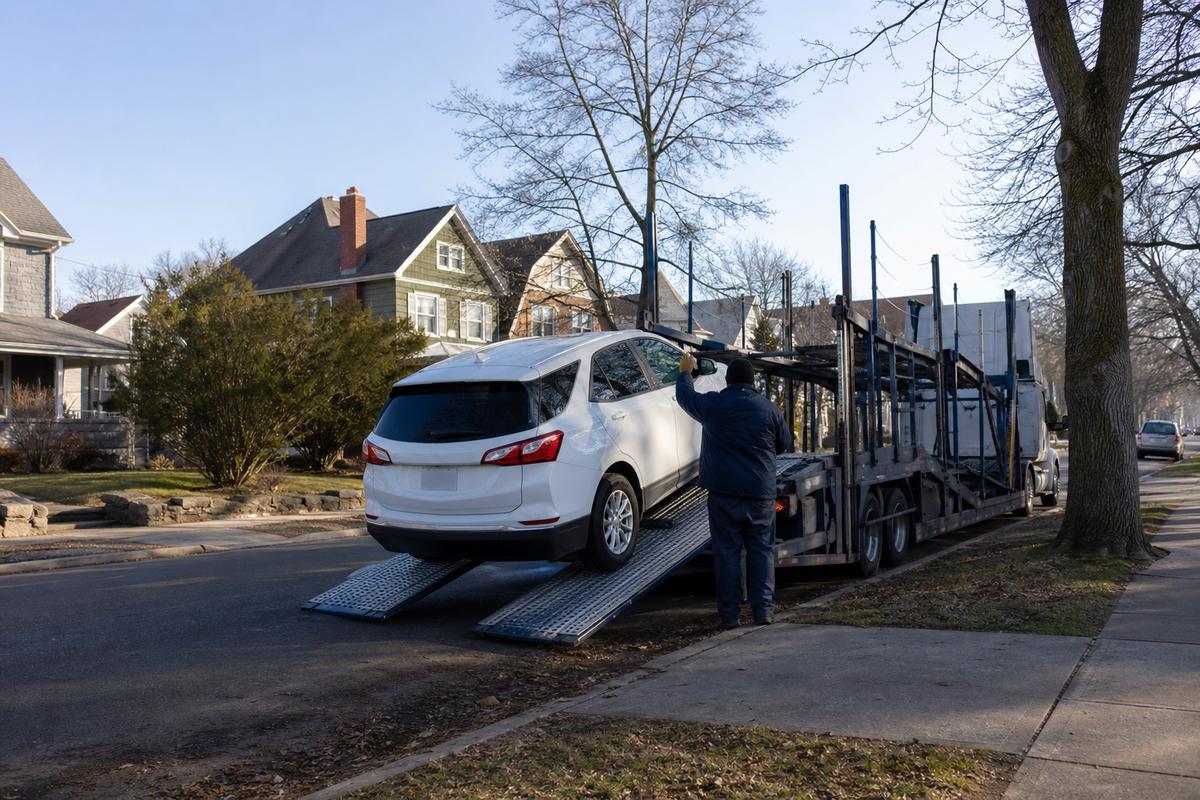 Car pickup in Hartford An SUV being driven up the ramps onto an open carrier at the curb
