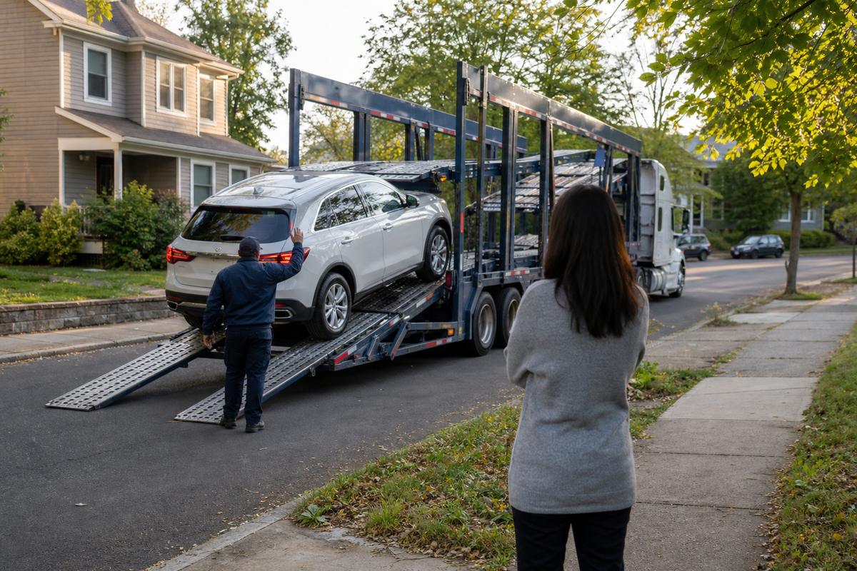 Car delivery in New Haven An SUV being driven down the ramps off an open carrier at delivery