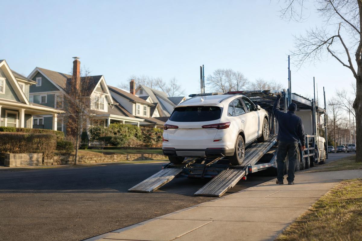 Car pickup in New Haven An SUV being driven up the ramps onto an open carrier at the curb