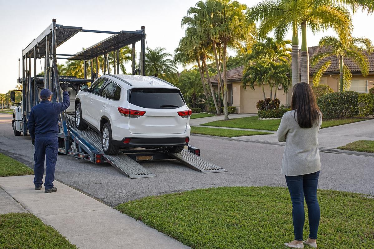 Car delivery in Boca Raton An SUV being driven down the ramps off an open carrier at delivery