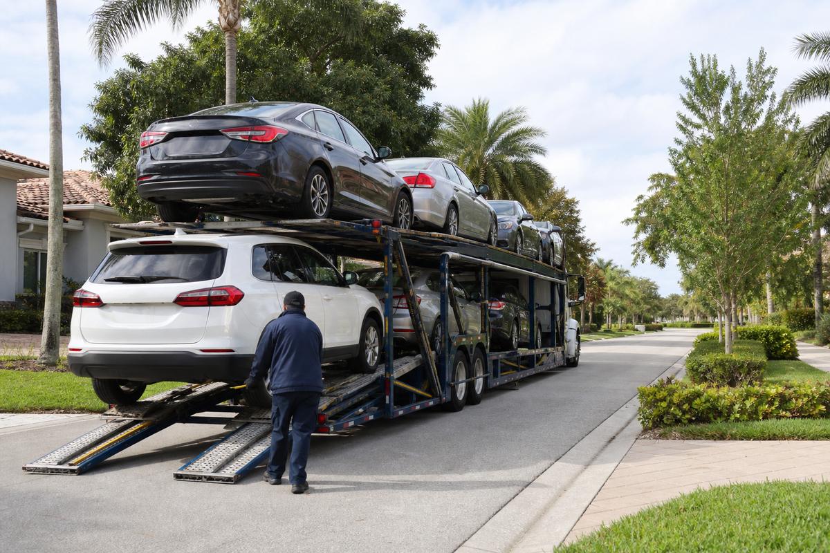 Car shipping in Boca Raton An open auto carrier unloading on a residential street