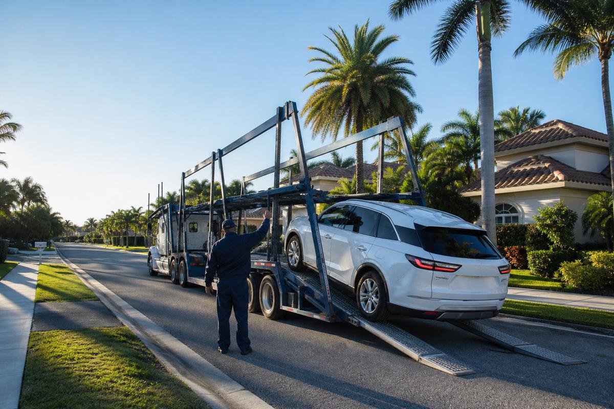 Car pickup in Boca Raton An SUV being driven up the ramps onto an open carrier at the curb
