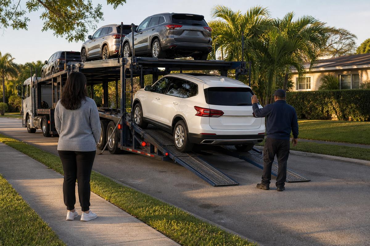 An SUV being driven down the ramps off an open carrier at delivery