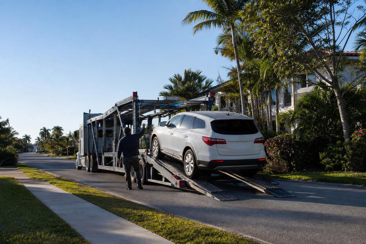 An SUV being driven up the ramps onto an open carrier at the curb