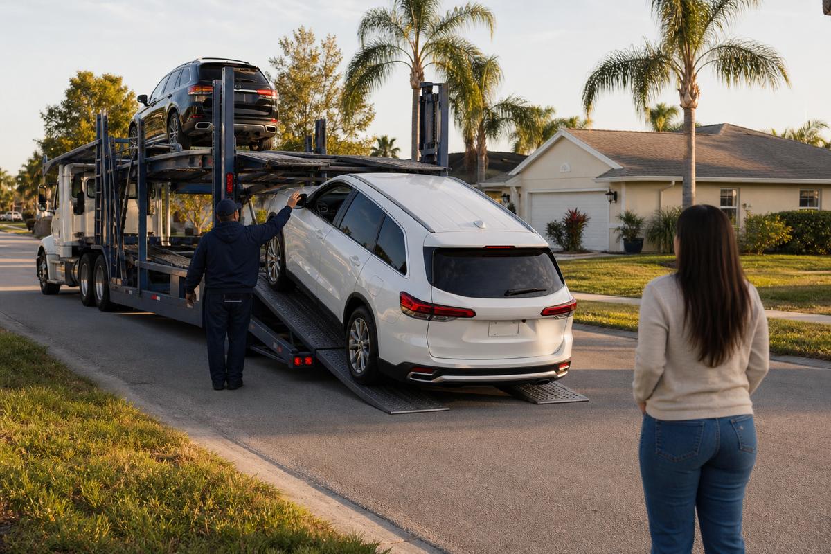 Car delivery in Fort Myers An SUV being driven down the ramps off an open carrier at delivery