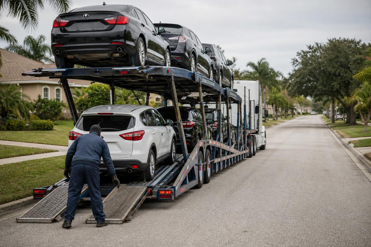 Car shipping in Fort Myers An open auto carrier unloading on a residential street