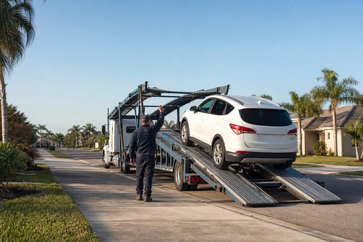 Car pickup in Fort Myers An SUV being driven up the ramps onto an open carrier at the curb