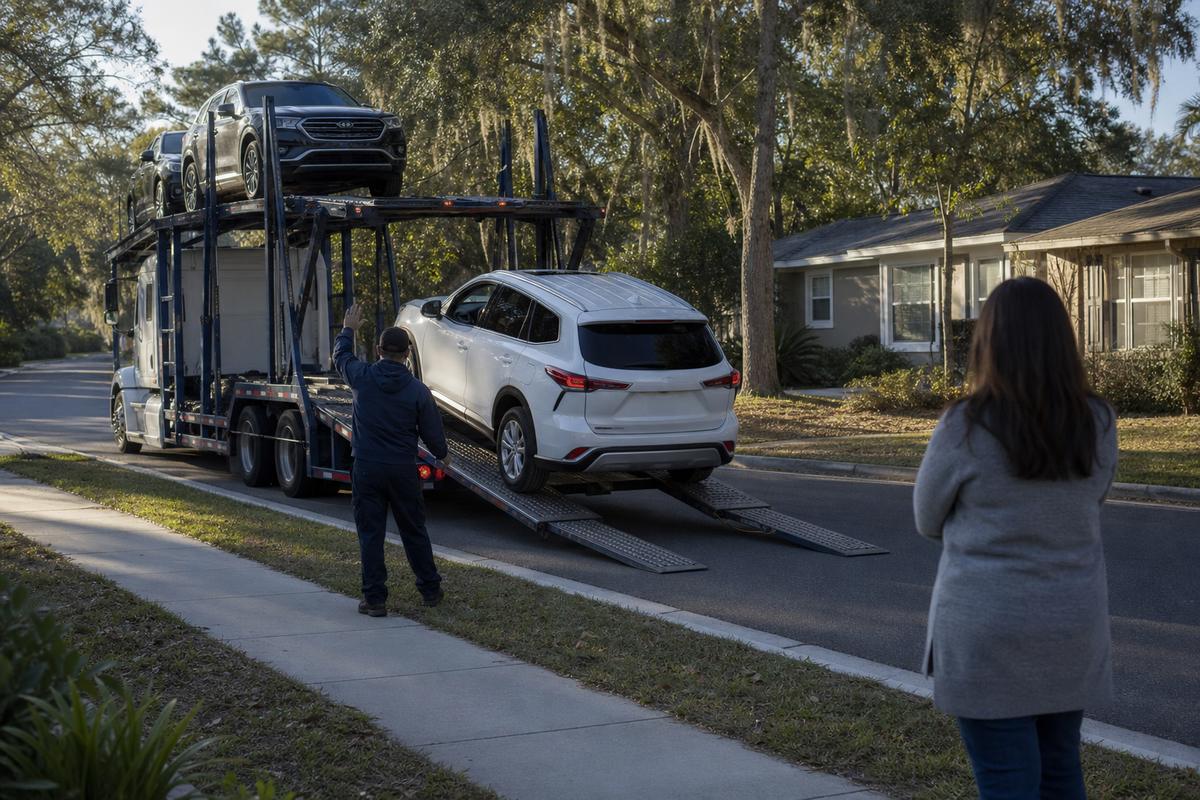 An SUV being driven down the ramps off an open carrier at delivery