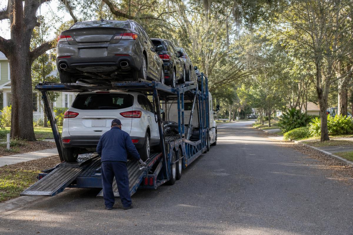 An open auto carrier unloading on a residential street