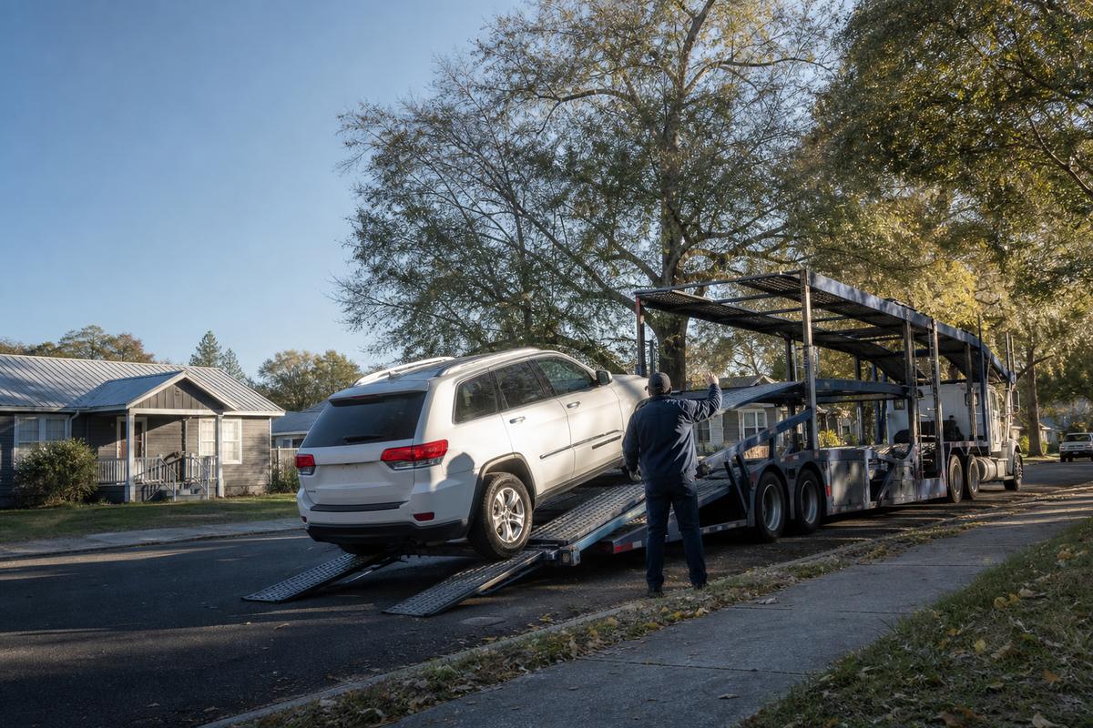An SUV being driven up the ramps onto an open carrier at the curb