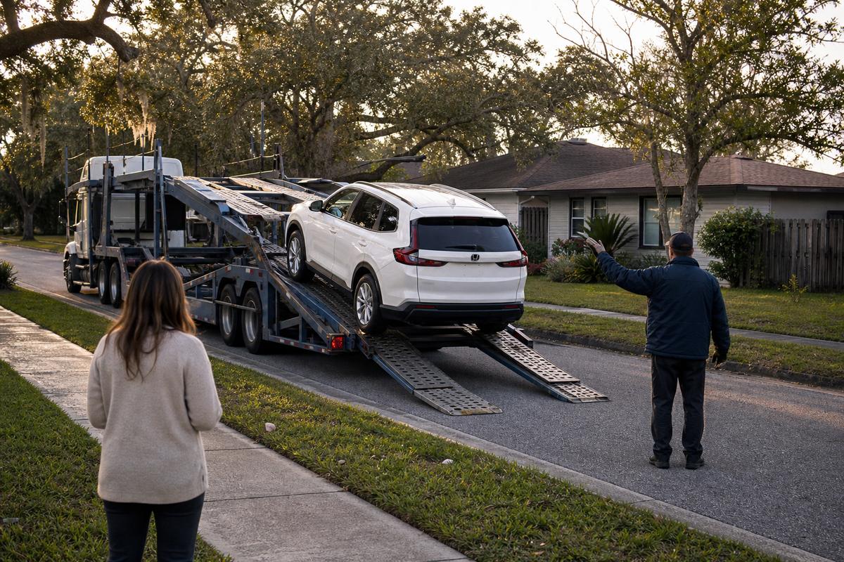 An SUV being driven down the ramps off an open carrier at delivery