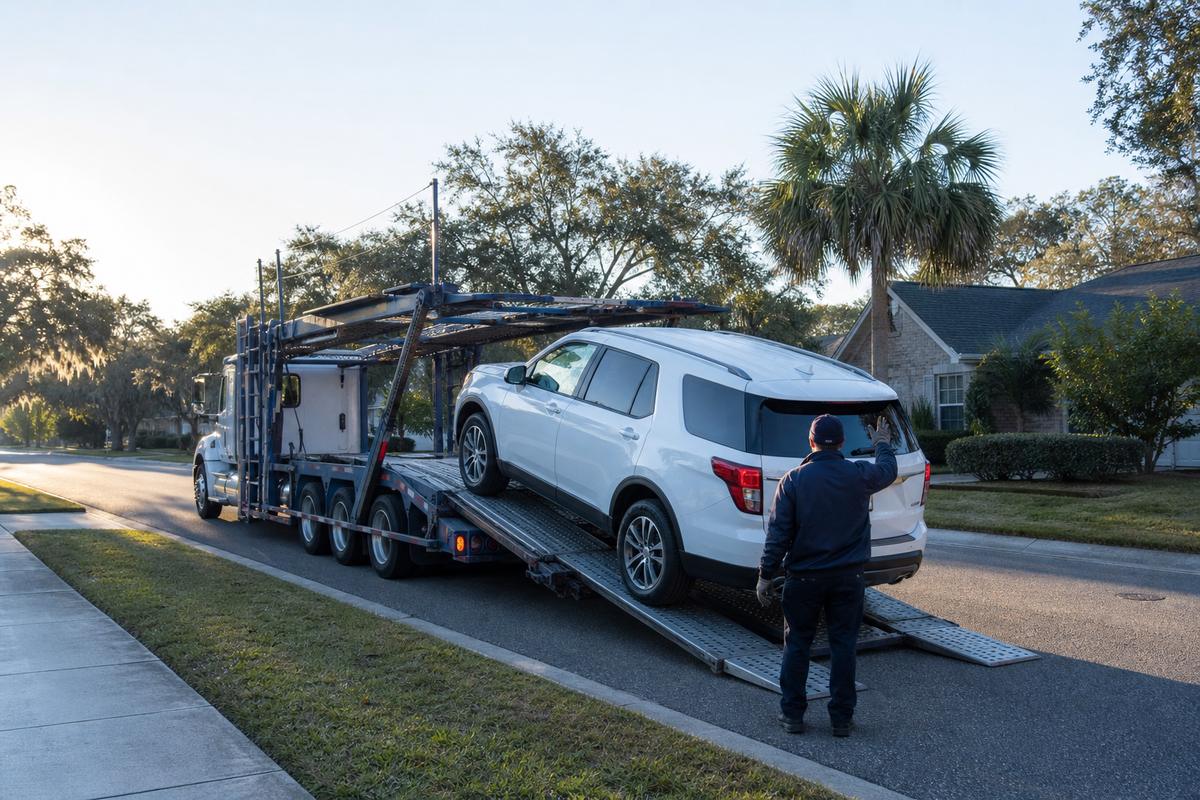 An SUV being driven up the ramps onto an open carrier at the curb