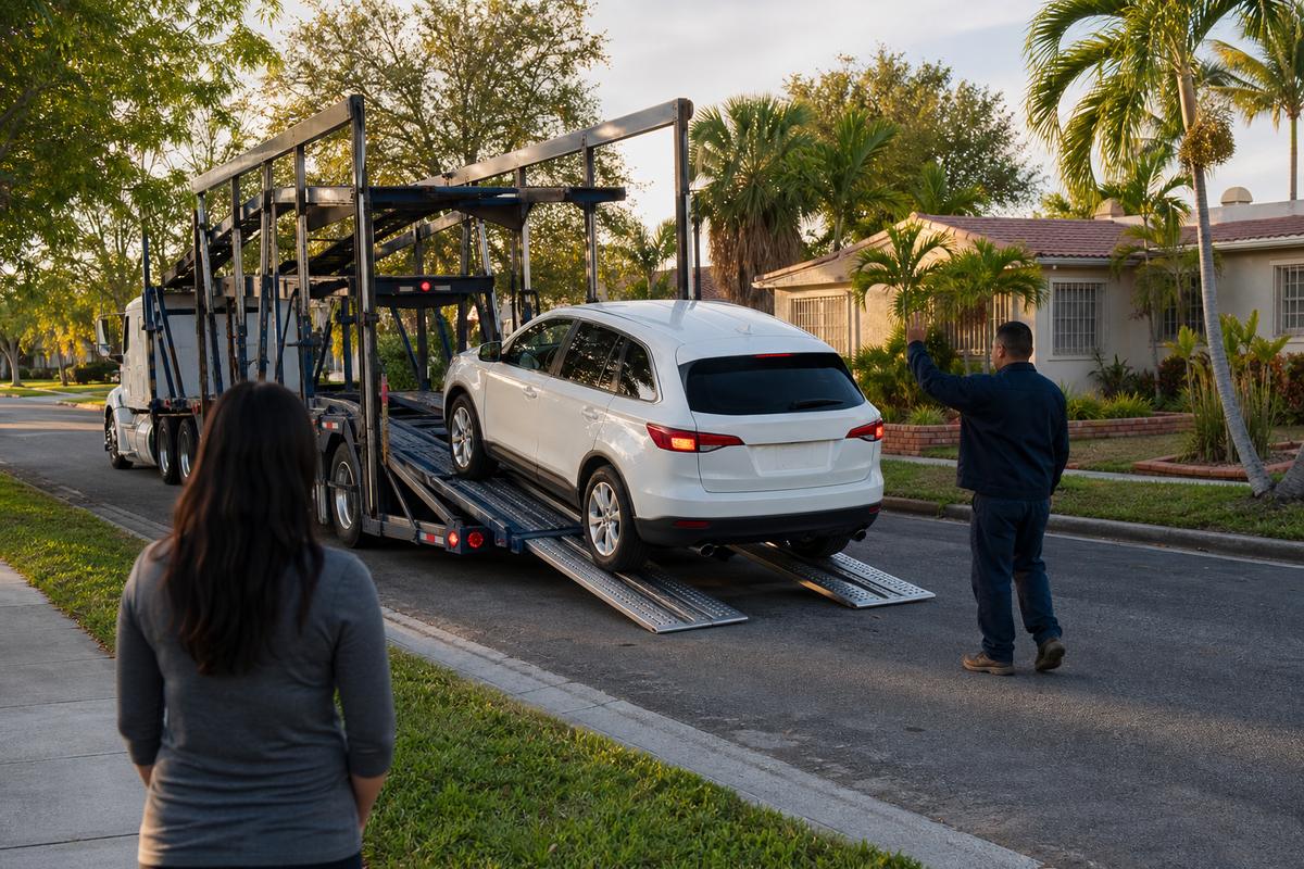 An SUV being driven down the ramps off an open carrier at delivery