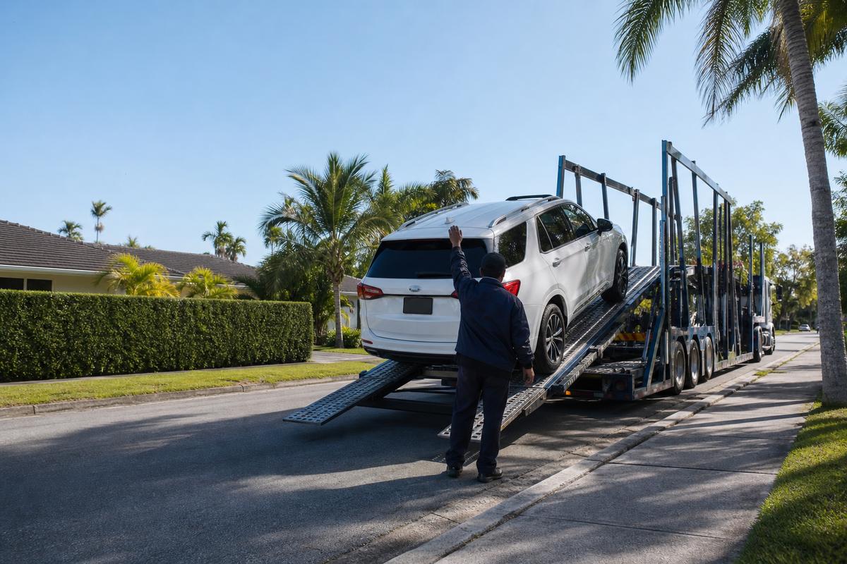 An SUV being driven up the ramps onto an open carrier at the curb
