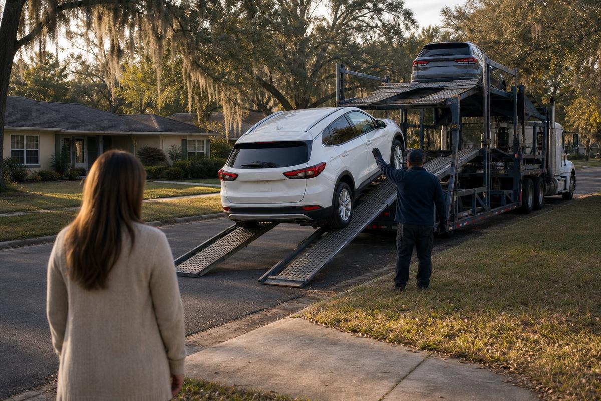 Car delivery in Ocala An SUV being driven down the ramps off an open carrier at delivery