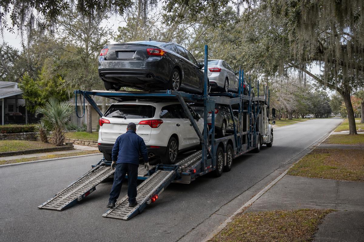 Car shipping in Ocala An open auto carrier unloading on a residential street