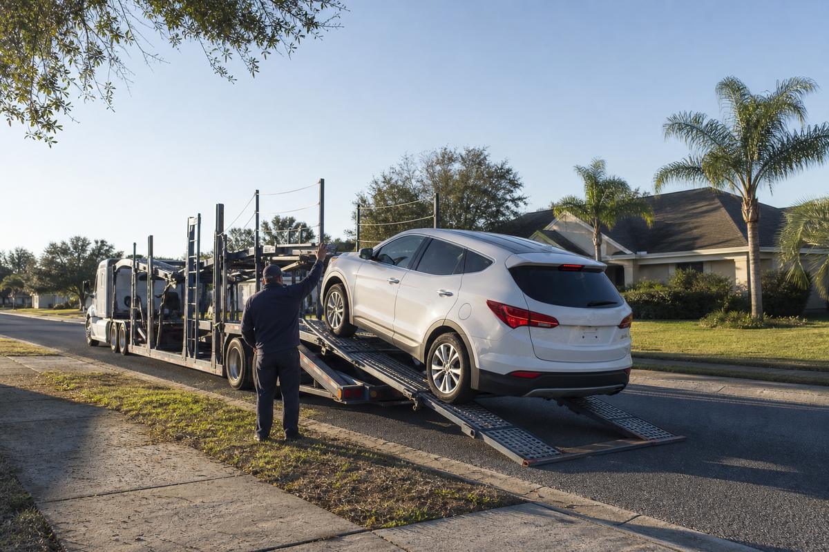 Car pickup in Ocala An SUV being driven up the ramps onto an open carrier at the curb