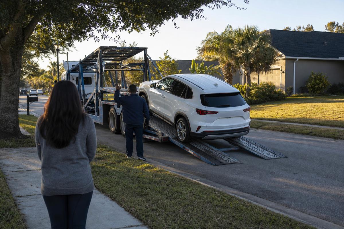 Car delivery in Orlando An SUV being driven down the ramps off an open carrier at delivery