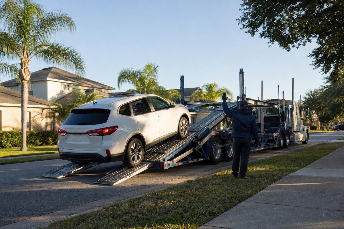 Car pickup in Orlando An SUV being driven up the ramps onto an open carrier at the curb