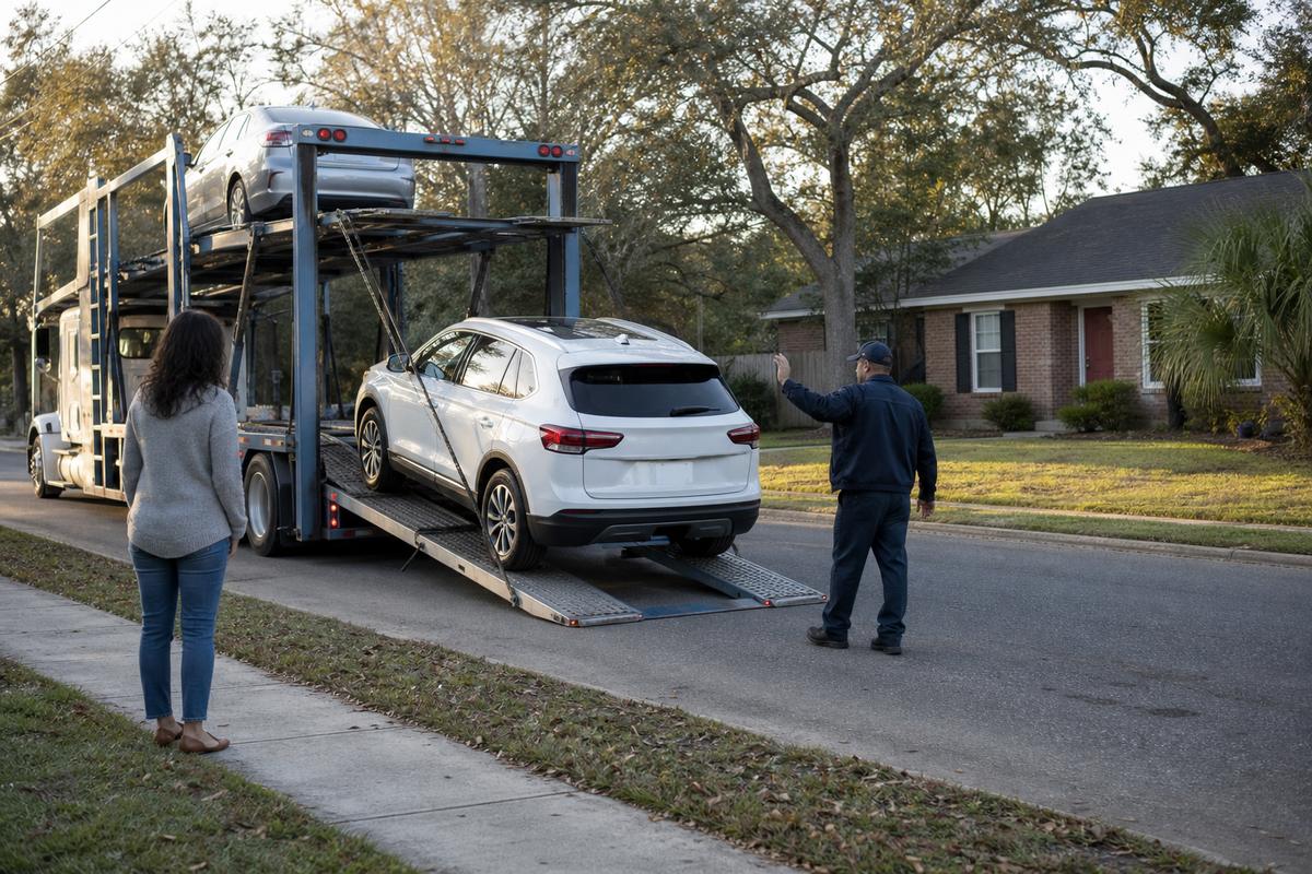 Car delivery in Pensacola An SUV being driven down the ramps off an open carrier at delivery