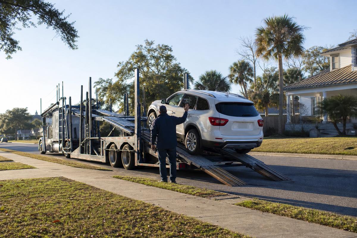 Car pickup in Pensacola An SUV being driven up the ramps onto an open carrier at the curb
